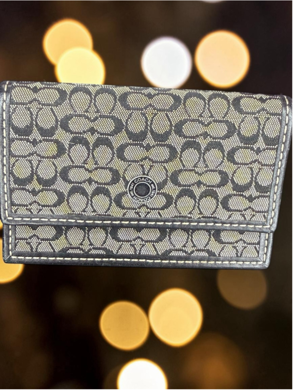 Coach Signature Optic C Small Trifold Wallet Black Gray Jacquard Canvas Leather